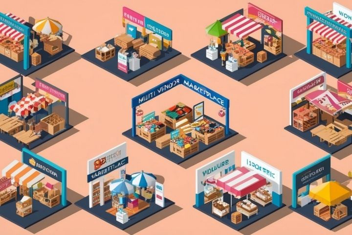 Illustration of a marketplace with businesses for sale