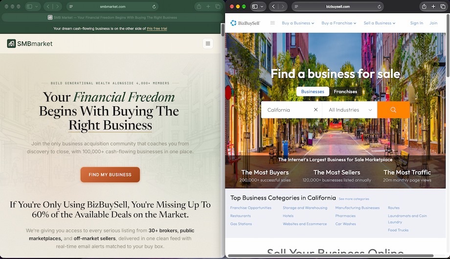 Side-by-side comparison of SMBmarket and BizBuySell business-for-sale marketplaces